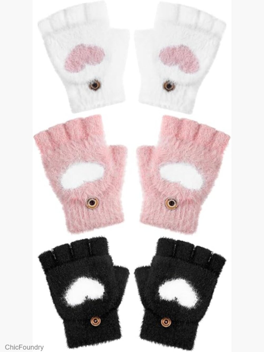 3 Pairs Kids Fingerless Gloves Winter Warm Convertible Flip Top Half Mitten